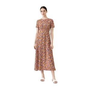 Faithfull The Brand Floral Midi Dress Orange Purple Boho Puff Sleeve Size 6